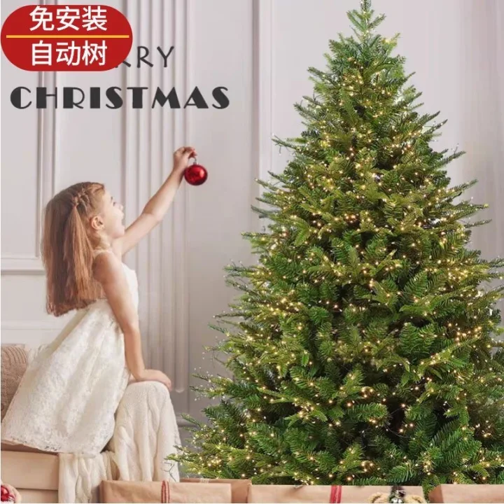 Sapins de Noël artificiels avec guirlandes et accessoires disponibles en plusieurs tailles.